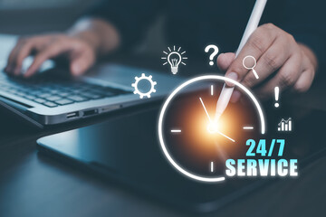 Nonstop Customer Service 24 hr concept. Business people working on laptop virtual 24-7 with the...