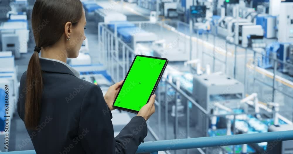 Poster Electronics Manufacturing Project Manager Working on a Tablet Computer with Green Screen Template at a Factory. Female Specialist Developing, Maintaining, Upgrading Programs for Machine Production