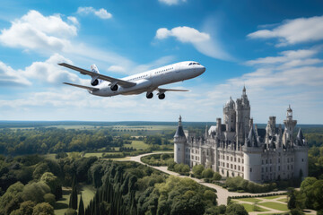 Airbus A320 on a sunny day over Chateau de Chambord - obrazy, fototapety, plakaty