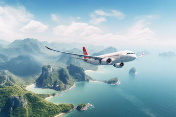 Airbus A320 on a sunny day over Halong Bay - obrazy, fototapety, plakaty