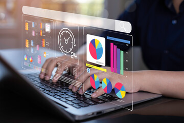 Analytics and Data Management Systems. Business Analytics and Data Management Systems to make reports with KPI  and metrics connected to the database for technology finance - obrazy, fototapety, plakaty