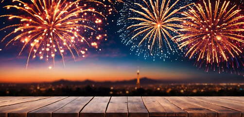 Empty wooden table in front of fireworks background