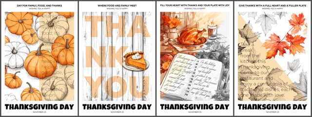 Happy Thanksgiving day poster set. Traditional autumn Thanks Giving celebration placard templates with turkey and pumpkin pie. Seasonal fall family festival prints. Retro drawing art vector eps banner