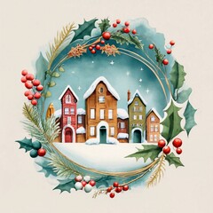 Vintage Christmas village in circle watercolor