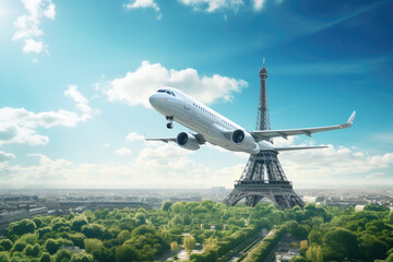 Airbus A321 on a sunny day over Eiffel Tower - obrazy, fototapety, plakaty