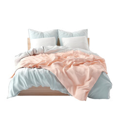Fototapeta na wymiar Bed with pillows and duvet isolated on transparent background. Pastel bed sheet