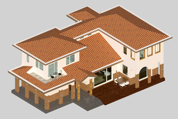 classic house in the countryside, rendering  of a classic house with spanish tile roof in the garden