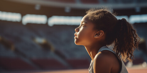 side view of little poc girl watching sport in stadium wearing yellow, looking in awe  - obrazy, fototapety, plakaty