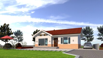 Fototapeta na wymiar house on the hill, rendering of a modern house with blue sky