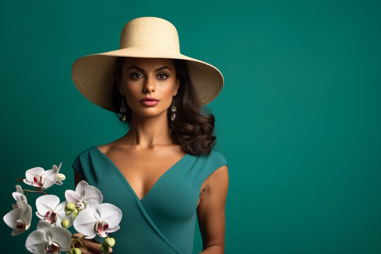 Summer Style: Graceful Woman in rich emerald Dress and Straw Hat, Holding a Delicate orchid Flower, Embracing Natural Beauty and Romance in a Captivating Composition.