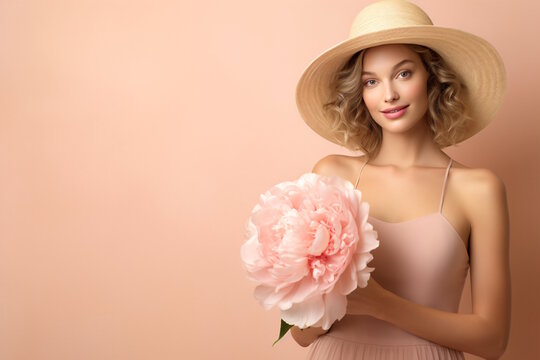 Summer Style: Graceful Woman in Pastel Pink Dress and Straw Hat, Holding a Delicate peony, Embracing Natural Beauty and Romance in a Captivating Composition.