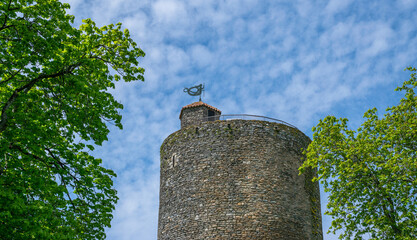 Top of the Melusine Tower dating from the early thirteenth century, According to legend, the tower was built by the fairy Melusine. Mervent-Vouvant,Vendée,FRANCE.