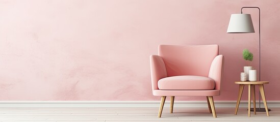 Minimalist living room with pink armchair wooden table and bare wall