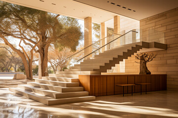 Imagine a modern mansion's centerpiece staircase, featuring a minimalist travertine structure and...