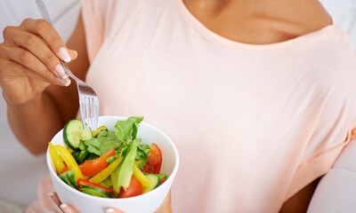 Nutrition, health and closeup of woman with a salad at home with vegetables for wellness, organic or diet. Food, vitamins and zoom of female person from Mexico eating healthy meal with produce.