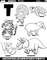 cartoon animal characters for letter T set coloring page