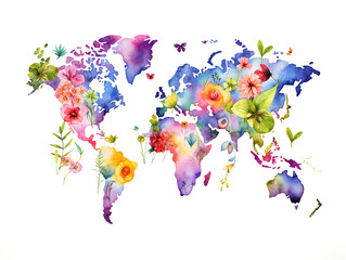 watercolor clipart of a world map adorned with  flowers on white background