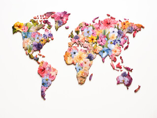 Clipart of a world map adorned with  flowers on white background