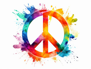 Watercolor illustration of peace symbol colored with splashes on white background - obrazy, fototapety, plakaty
