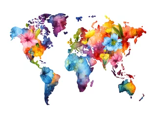 Tableaux ronds sur aluminium Carte du monde Clipart of a world map adorned with  watercolor flowers on white background
