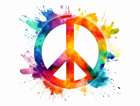 Watercolor illustration of peace symbol colored with splashes on white background