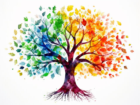Watercolor clipart of a decorative fantasy tree with multicolored leaves on white background