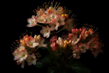 a cluster of blooms against a black backdrop. Generative AI