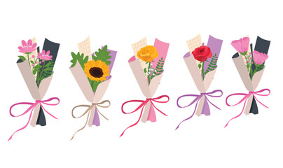 Bouquet of flower. Wild flower bouquet vector illustration. Summer flower. Floral bouquet wrapped in gift paper. Gift for special day, celebration day like birthday, teacher day, women day.
 - obrazy, fototapety, plakaty