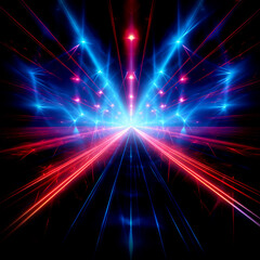 Red and blue neon laser lights flash and glow, abstract background