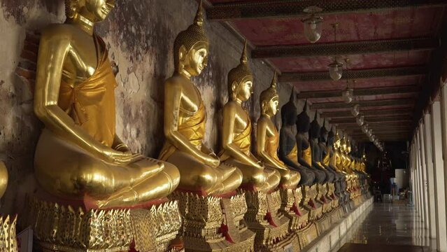 Golden yellow robed Buddha statues sitting in rows