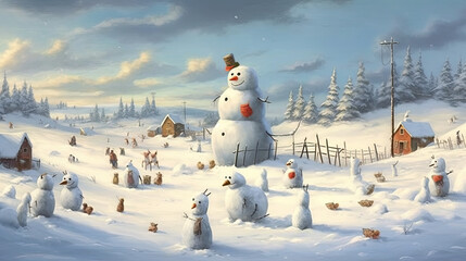 Snowman's snowy playground of happiness - obrazy, fototapety, plakaty