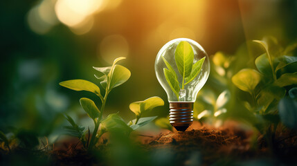 Blooming plant inside light bulb, representing eco-friendly green technology and innovation for sustainable businesses - obrazy, fototapety, plakaty
