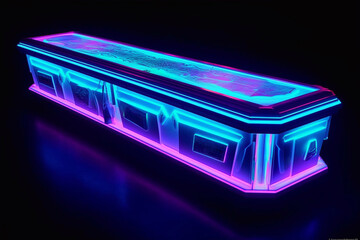 A coffin with a neon effect. Burial ceremony. Funerals Ritual services.