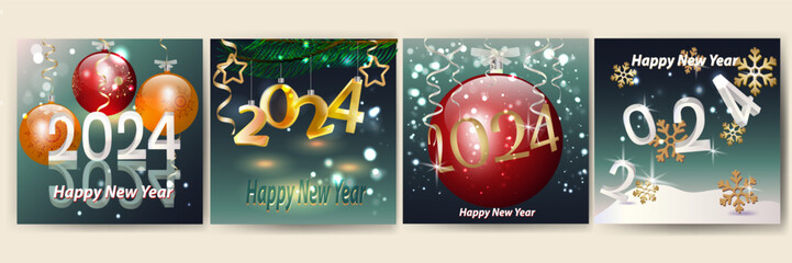 Set of greeting cards with New Year 2024. Bright New Year's balls on green background and snow