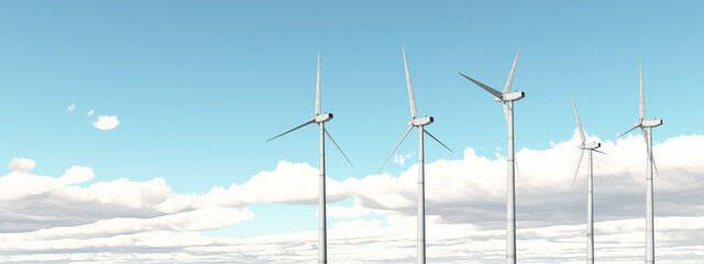 Windkraftanlagen vor blauem Himmel mit Wolken - 671609887