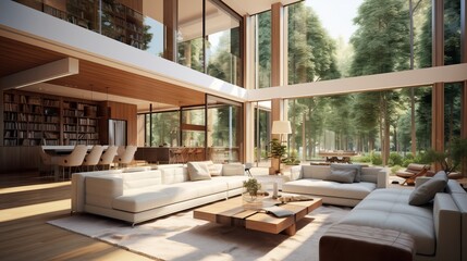 modern villa with cream color and brown wood, modern interior design with large windows, copy space, 16:9 - obrazy, fototapety, plakaty