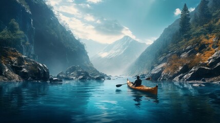 man kayaking across a blue ravine, copy space, 16:9