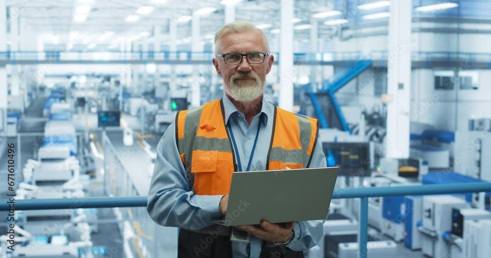 Aufkleber Portrait of a Handsome Middle Aged Engineer Wearing Glasses, Using Laptop Computer and Looking at Camera. Technician in High-VIsibility Vest Working in a Modern Technology Factory