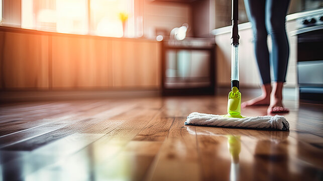 woman cleaning the floor with a spray mop against the background of the kitchen