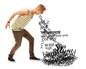 Angry, white background and a man with negative words for depression, mental health or anxiety....