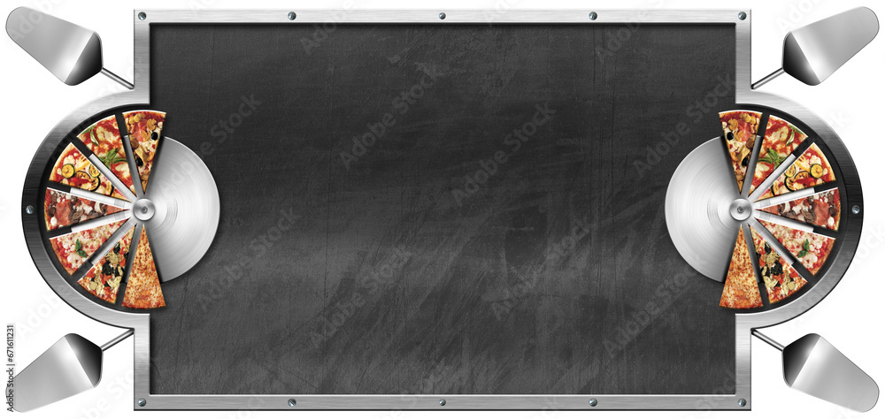 Aufkleber template for a pizza menu. empty blackboard with metallic frame, slices of pizza and four spatulas, 