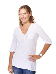 Fototapeta premium Happy, fashion and portrait of woman in a studio with casual, trendy and stylish outfit. Smile, attractive and beautiful young female model from Australia with cool style isolated by white background