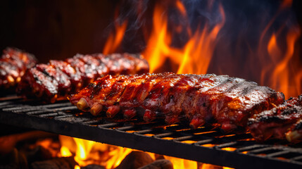 Delicious Tender BBQ Ribs on Grill - obrazy, fototapety, plakaty