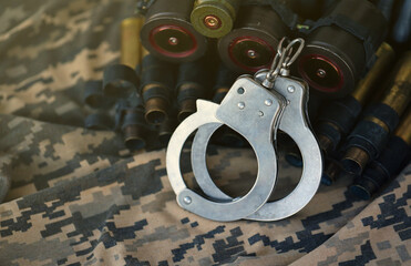 Ukrainian army machine gun belt shells and handcuffs on military uniform. Concept of bribery and...