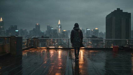 A dark, rainy rooftop chase in a high-tech megacity. - obrazy, fototapety, plakaty