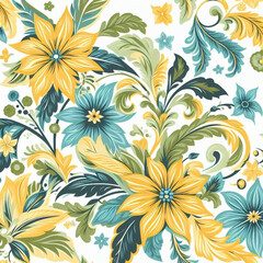 Fototapeta na wymiar Unique Yellow, Green, Blue Flower Floral Pattern Design For Textile, Fabric, Or Wallpaper