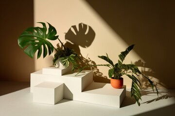 Image of abstract podiums and shapes with plant shadows. Generative AI