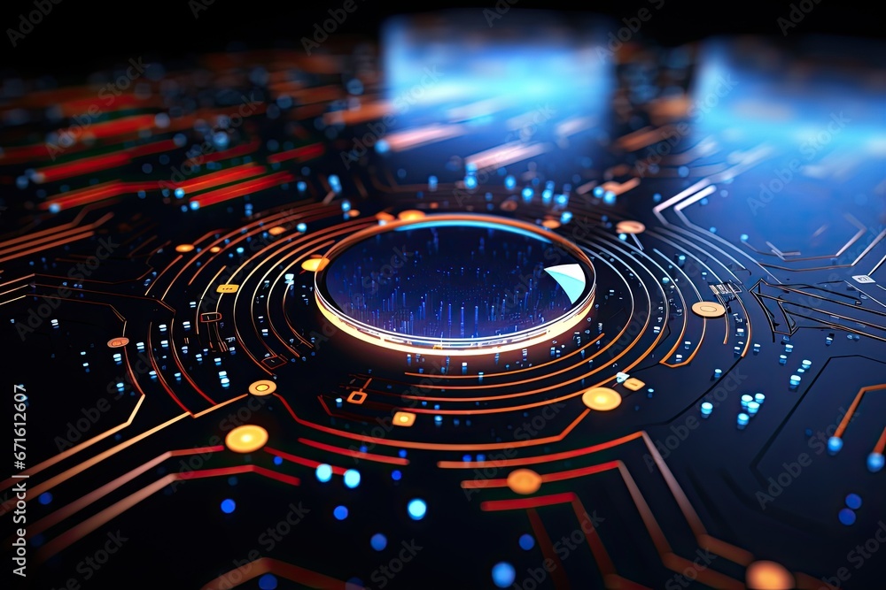 Poster futuristic abstract circular technology background. digital hologram screen.generative ai