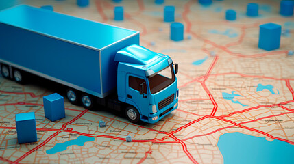 Gps tracking from top view moving truck with container on a map.	
 - obrazy, fototapety, plakaty