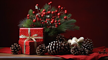 Fototapeta na wymiar Christmas utensils and red gift on the table